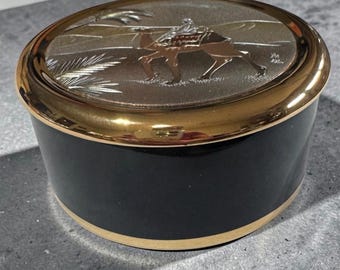 Vintage Chokin Art Camel 4" Round Box Black Porcelain NIB