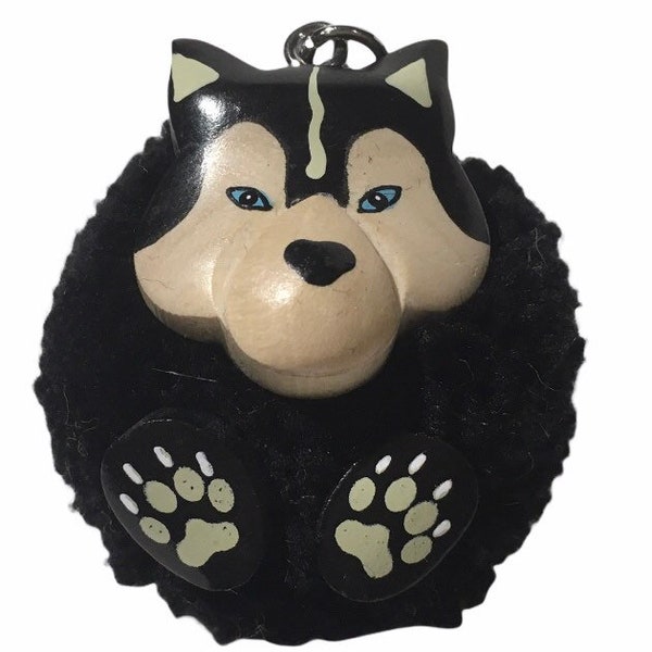 Handmade Wood Carved Black husky dog Pom Pom Key ring