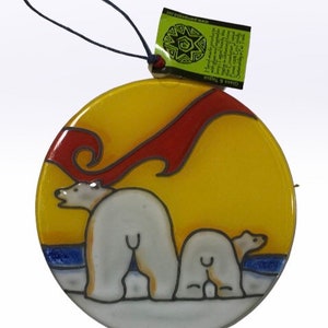 4” Handmade Fused Glass Disk suncatcher window decor Polar Bear