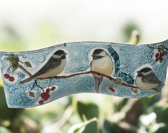 Handmade Fused Glass Wavy Glass Figure Chickadee Birds on Branch