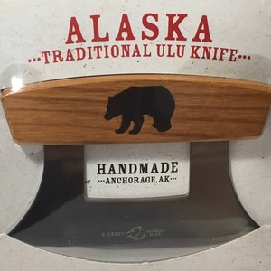 Hand Sanded Handmade Made in Alaska Alder Wood Handle Ulu Knife Bear