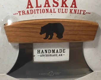 Hand Sanded Handmade Made in Alaska Alder Wood Handle Ulu Knife Bear