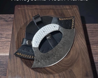 Traditional Handmade USA Wood Blk Walnut Ulu Knife Cutting Chopping Bowl/Board 8.5" X 9" Medium honeycomb  Knife,  Damascus Blade Sheath