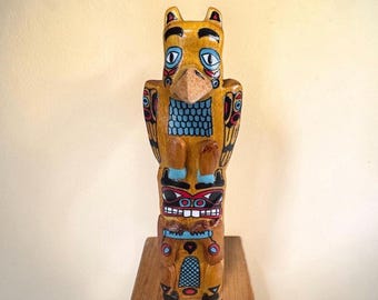 ヴィンテージ手彫り木製トーテムポール：北西部先住民アート（17.6
