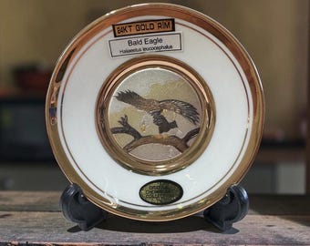 Vintage Chokin Art  Bald Eagle 4" Plate  Porcelain NIB Stand