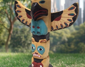 トリンギット族 トーテムポール アラスカ カナダ フォークアート 木彫 銘あり アラスカ 手描きトーテムポールレプリカ木製 高さ8インチ ベアイーグル