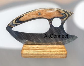 Handcrafted Slant Ergonomic Damascus Ulu Knife Knife Sheath & Coffeenut Wooden Stand Hand forged