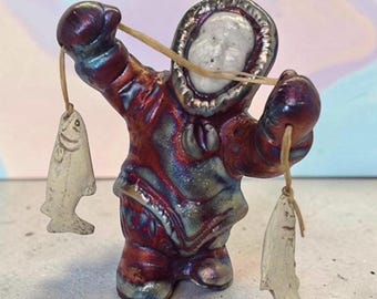 Vintage Hand Crafted Raku Pottery Eskimo with Fish