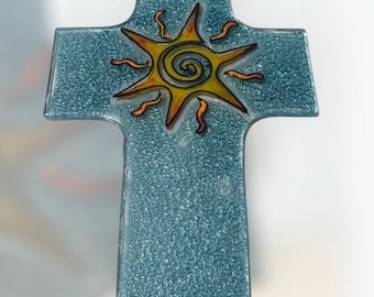 Handmade Fused Glass Cross Figure Sun Design Hanging