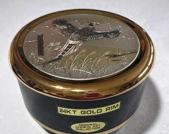 Vintage Chokin Art pheasant 4" Round Box Black Porcelain NIB