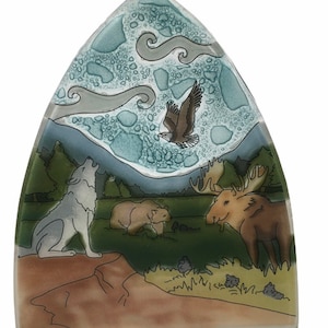 Handmade Fused Glass Glass Night Light Wildlife collage Wolf Moose Bear Eagle