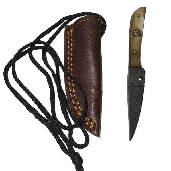 Handmade  Bone Handle Neck Knife Leather Sheath 6" Damascus Blade