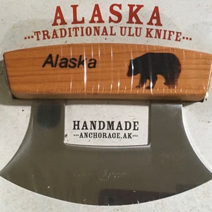 Hand Sanded Handmade Made in Alaska Alder Wood Handle Ulu Knife Bear Wildlife