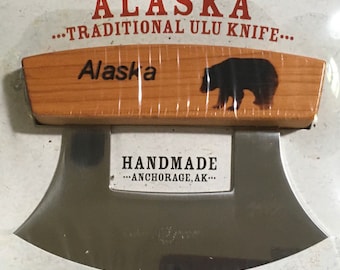 Hand Sanded Handmade Made in Alaska Alder Wood Handle Ulu Knife Bear Wildlife