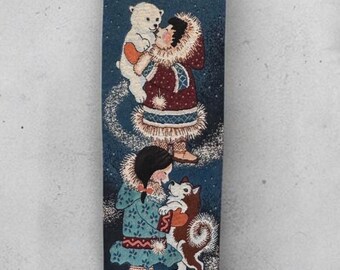 Vintage Fabric Wall Tapestry Eskimo with husky dogs