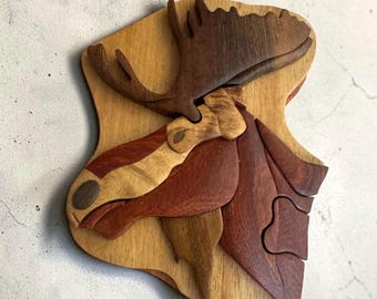 Wooden Intarsia Vintage Moose Head Puzzle Box