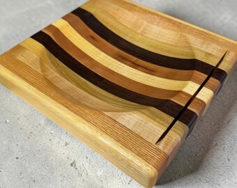 1 of a Kind X-Large Handcrafted USA Wood Ulu Knife Cutting Chopping Bowl/Board  9.5" x 10" 8" Bowl  Stripe Hand Sanded