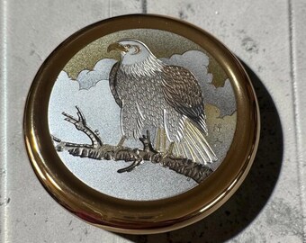 Vintage Chokin Art Perched Bald Eagle 4" Round Box Black Porcelain NIB