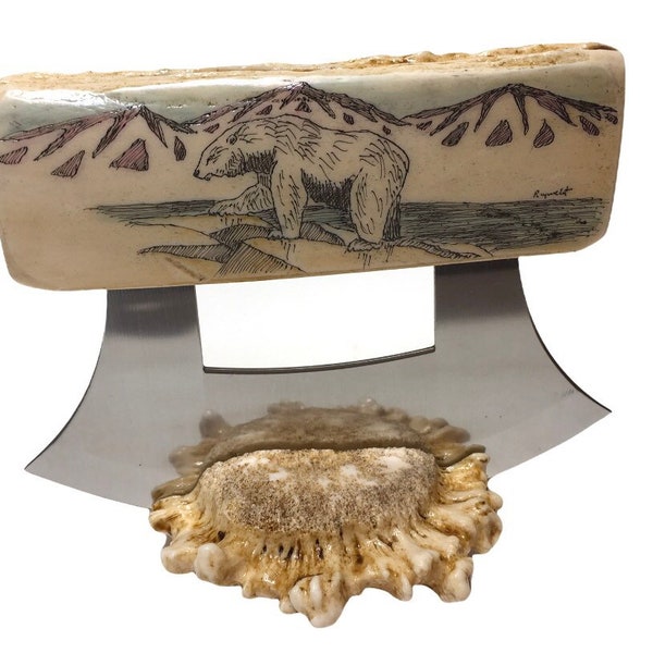Alaska Handmade Made in Alaska Scrimshaw Eco Antler Ulu Knife - Polar Bear Design
