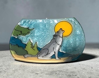 Handmade Fused Glass Soap Dish Howling Wolf