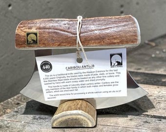 Made in Alaska  Handcrafted Dark Natural  Shed CARIBOU Antler Ulu Knife Story Card Signed