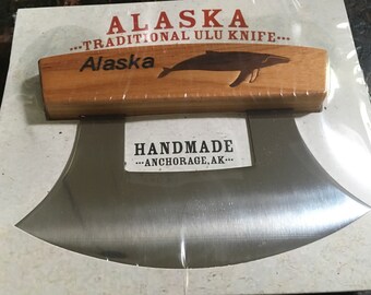 Stamped Hand Sanded Handmade Made in Alaska Alder Wood Handle Ulu Knife Humpback Whale Marine Life