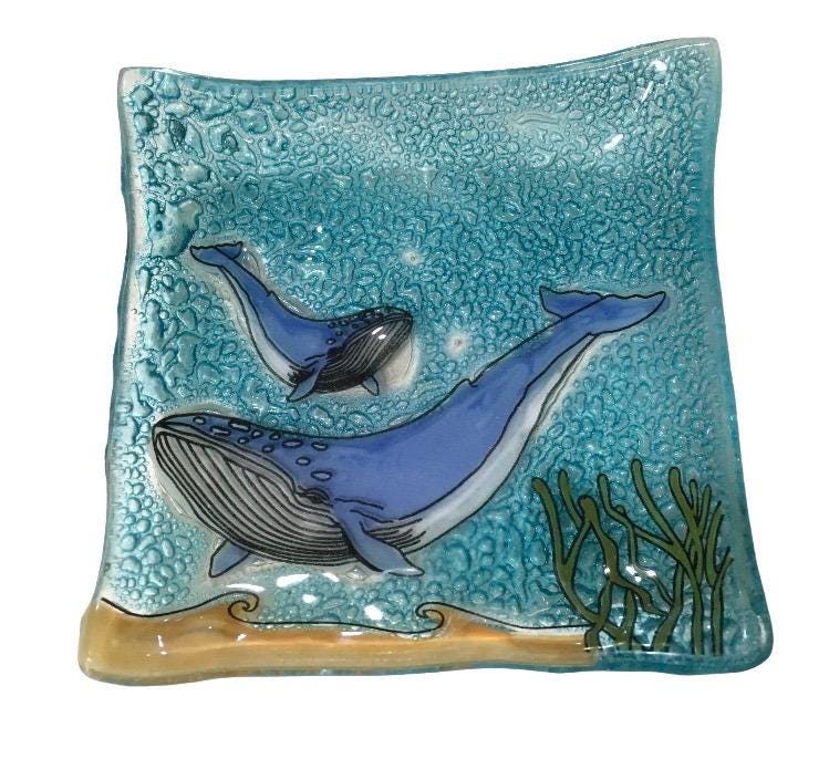 Handmade Fused Glass 4" Square Dish Humpback Whale