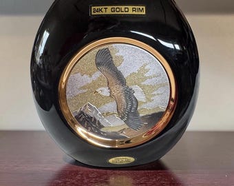 Vintage Chokin Art Eagle Fly 6.5” Oval Vase Black Porcelain NIB