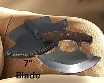 HEARTY Large Size Walnut Wood Handle Ulu Knife 7" stainless Steel Blade w/ Leather Sheath