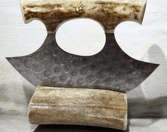 Handcrafted Antler Handle Mosaic Pin RAINDROP Damascus Ulu Knife w/ Custom Caribou Antler Display Stand Leather Sheath