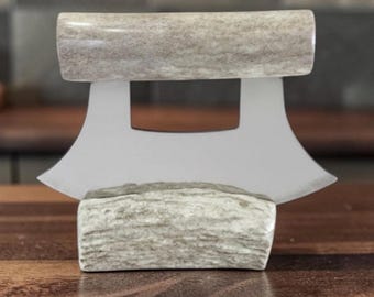 Handmade  Caribou Antler Ulu Knife with antler Stand - Alaskan Craft Story Card