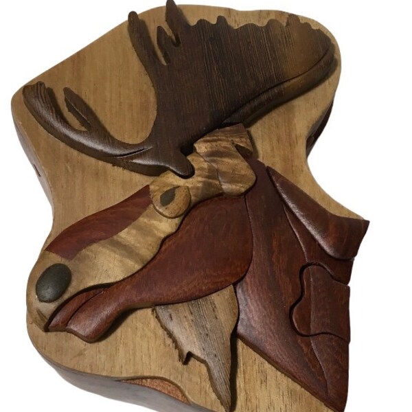 Handmade Wood Intarsia Moose Head Design Puzzle Box