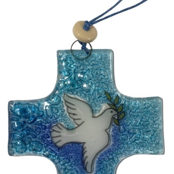 Handmade Fused Glass Cross Ornament Suncatcher Peace Dove