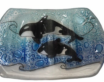 Handmade Fused Glass Soap dish Orca killer whales