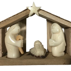 Kukui Nut Carved Nativity Set Joseph Mary and a Manger Rustic Hut