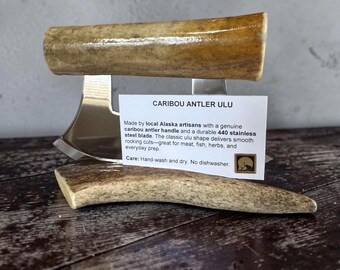 Handmade Polished Handle medium Caribou Antler Ulu Knife with Stand - Alaskan Craft Story Card