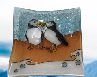 Handmade Fused Glass Approx 4&quot; Square Dish Puffin Birds