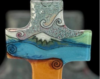 Handmade Fused Glass Cross Ornament Suncatcher Mountain Scene