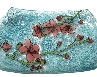 Handmade Fused Glass Soap dish Cherry Blossom flowers