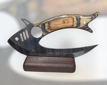 Handcrafted Fish Ergonomic Damascus Ulu Knife Knife Sheath & Wooden Stand Hand forged