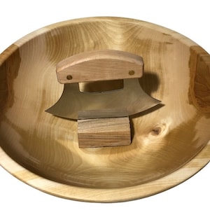 Handmade in Alaska XL 11&quot; Birch Round Knotty Chopping Bowl Wood Ulu Knife Stand & Sheath Set Unique Wood Grain