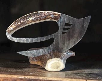 Ergonomic Damascus Ulu Knife Knife Sheath Antler Handle and Caribou Antler Stand Hand forged. 6.25”  Claw Cut out Unique