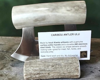 Handmade  Caribou Antler Ulu Knife with antler Stand - Alaskan Craft Story Card