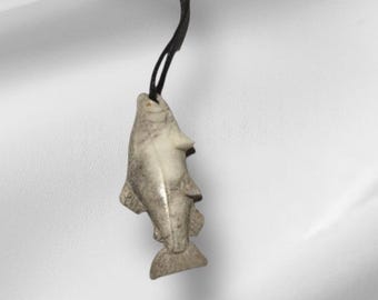 Handmade Made in Alaska Carved Moose Antler Salmon Fish Pendant W/ Leather String