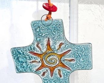 Handmade Fused Glass Cross Ornament Suncatcher Sun