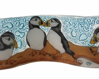 Handmade Fused Glass Wavy Glass Figure Puffins Puffin Bird 8&quot;
