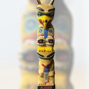 ALASKA Hand Painted Totem Pole Replica Wood 8” Tall Bear Eagle