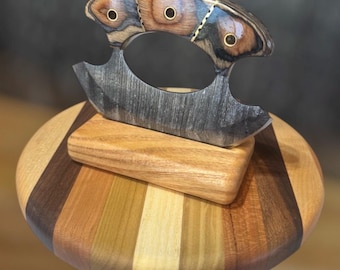 Handmade Damascus Ulu Knife Set 2 Tone Wood Handle, Leather Sheath & Cutting Board Small Set Stand Included I