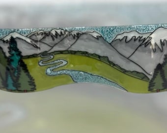 Handmade Fused Glass Wavy Glass Figure Mountian River Scene 8”