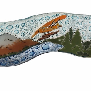 手作りのフューズドガラスの波型ガラスフィギュア水上飛行機オレンジフロート飛行機